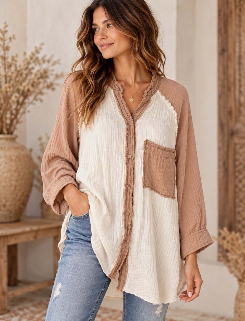 Aerie Pool-To-Party Oversized Gauze Cotton Cover Up Button Shirt Boho Size Large